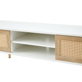 55.12" Rattan TV cabinet, double sliding doors for storage, adjustable shelf, solid wood legs, TV console for living room , White