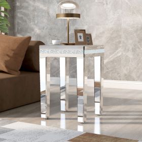 [VIDEO provided] ON-TREND Fashionable Modern Glass Mirrored Side Table, Easy Assembly End Table with Crystal Design and Adjustable Height Legs, Silver