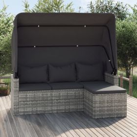 3-Seater Patio Sofa with Roof and Footstool Gray Poly Rattan