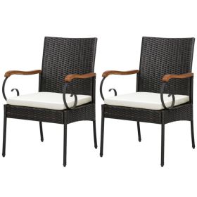 Set of 2/4 Outdoor PE Wicker Chair with Acacia Wood Armrests