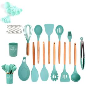 33pcs Set Wooden Handle Silicone Kitchen Utensils 33 Pieces Set Silicone Spoon Shovel Kitchen Gadgets Set Silicone Kitchen Utensils (Color: Dark Green)