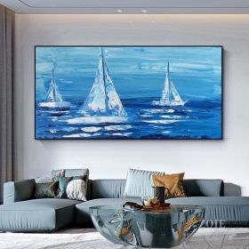 Colorful Ocean Sea Thick with Sunset and sailboat 100% Hand Painted Abstract Oil Painting Canvas Handmade Painting Gift (size: 150X220cm)