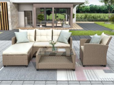 Outdoor;  Patio Furniture Sets;  4 Piece Conversation Set Wicker Ratten Sectional Sofa with Seat Cushions (Color: Beige)