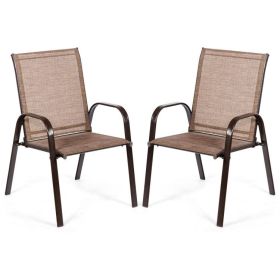 2 Pieces Patio Outdoor Dining Chair with Armrest (Color: Brown)