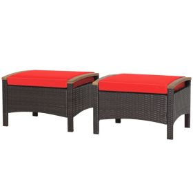 Set of 2 Fade-Resistant Wicker Patio Ottoman (Color: Red)