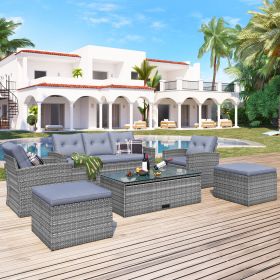 6-piece All-Weather Wicker PE rattan Patio Outdoor Dining Conversation Sectional Set with coffee table, wicker sofas, ottomans, removable cushions (Color: Gray)