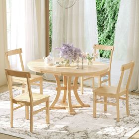 5-Piece Rustic Round Pedestal Extendable Dining Table Set with 15.7" Removable Leaf and Simple Dining Chirs for Small Places (Color: Natural, Material: Rubber Wood)