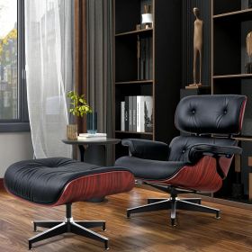 Living Room Standard Size Lounge Chair Armchair With Ottoman Genuine Leather Swivel Chair (Color: black leather rosewood frame)